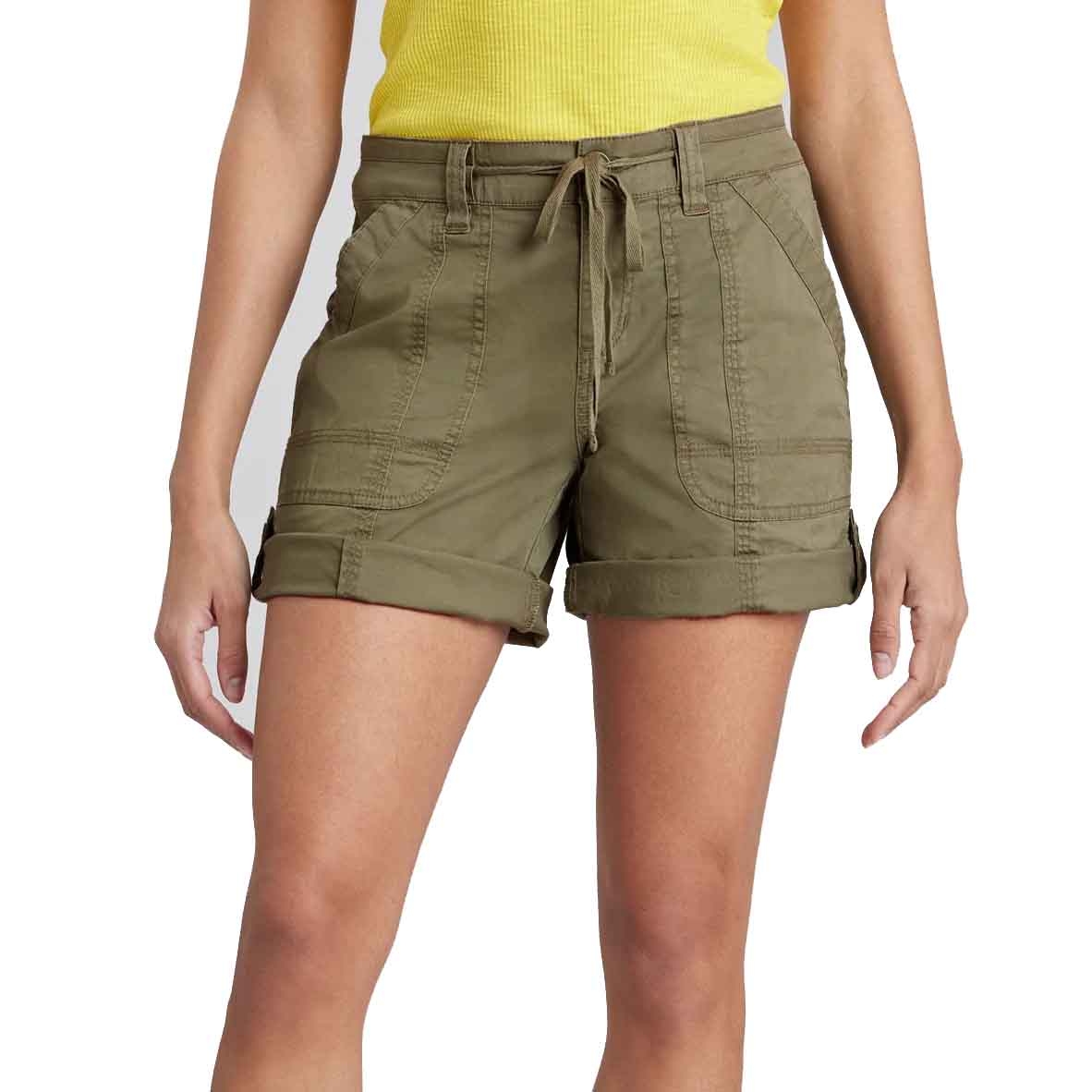 Olive green shorts with a drawstring waist, rolled cuffs, and multiple pockets, paired with a yellow top. The shorts offer a casual and adjustable fit, suitable for various occasions.