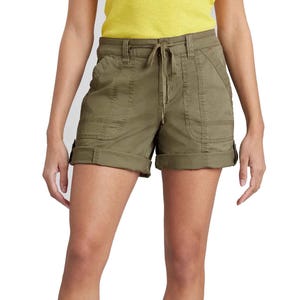 Olive green shorts with a drawstring waist, rolled cuffs, and multiple pockets, paired with a yellow top. The shorts offer a casual and adjustable fit, suitable for various occasions.