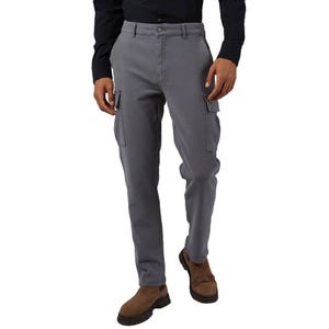 Gray stretch cargo pants with side pockets, a button and zipper closure, and belt loops. Worn with a dark shirt and brown suede boots.
