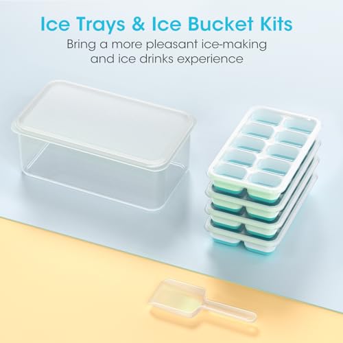 Ice trays and bucket kit with a clear lid and a small scoop, designed to enhance ice-making and serving drinks.