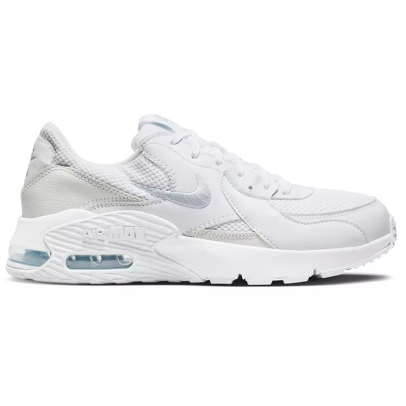 White Nike Air Max sneakers featuring a mesh and leather upper, visible Air cushioning in the heel, and a clean, minimalist design.