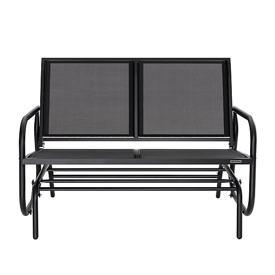 2-seat outdoor glider with a black metal frame and mesh seating and backrest, featuring curved armrests and a rocking mechanism.