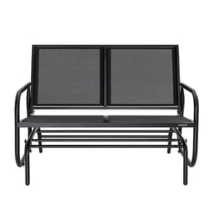 2-seat outdoor glider with a black metal frame and mesh seating and backrest, featuring curved armrests and a rocking mechanism.