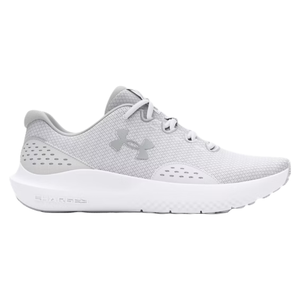 A gray Under Armour athletic shoe with a white sole, featuring mesh upper for breathability and the brand's logo on the side. The sole includes \“Charged\“ cushioning technology for enhanced comfort.