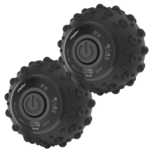 Black textured massage balls with power buttons, designed for deep tissue massage and muscle relief.