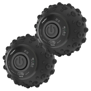 Black textured massage balls with power buttons, designed for deep tissue massage and muscle relief.
