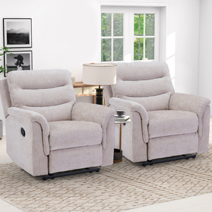 Two plush, light gray recliner chairs with side-mounted lever controls, pillowed armrests, and a tray table between them.