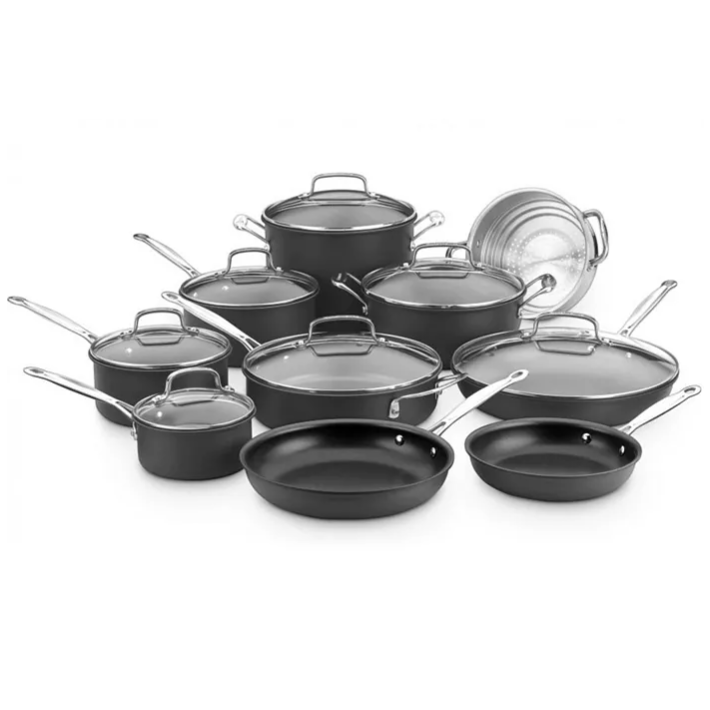 A set of cookware consisting of various pots and pans, including saucepans, skillets, and stockpots with lids. The pieces are primarily black with metal handles.