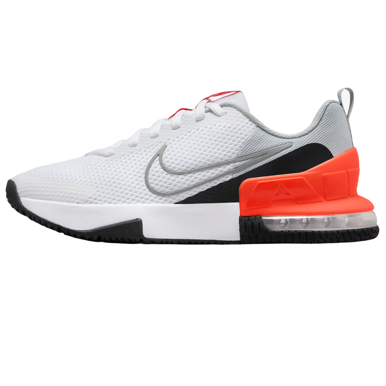 Nike Air Max Alpha shoes feature a white mesh upper, gray swoosh, black midsole accents, and an orange heel with visible air cushioning for support and comfort.