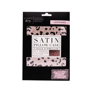 Studio Dry satin pillowcase with a leopard print design, standard size 20\“x26\“, featuring a concealed zipper. Minimizes frizzy hair and is gentle on skin.