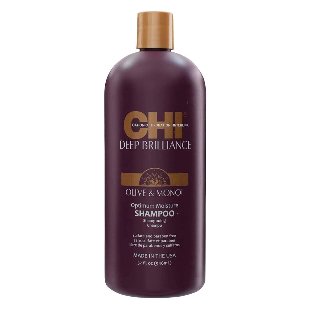 CHI Deep Brilliance Olive & Monoi Optimum Moisture Shampoo, sulfate and paraben-free, 32 fl. oz. (946 mL), made in the USA.