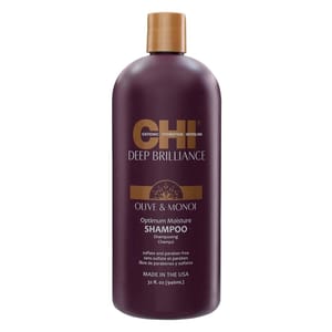 CHI Deep Brilliance Olive & Monoi Optimum Moisture Shampoo, sulfate and paraben-free, 32 fl. oz. (946 mL), made in the USA.