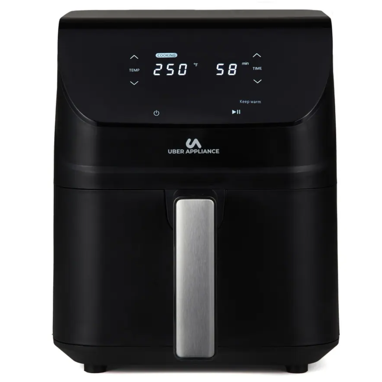Black Uber Appliance air fryer with a digital display showing 250°F for 58 minutes, featuring temperature and time controls.