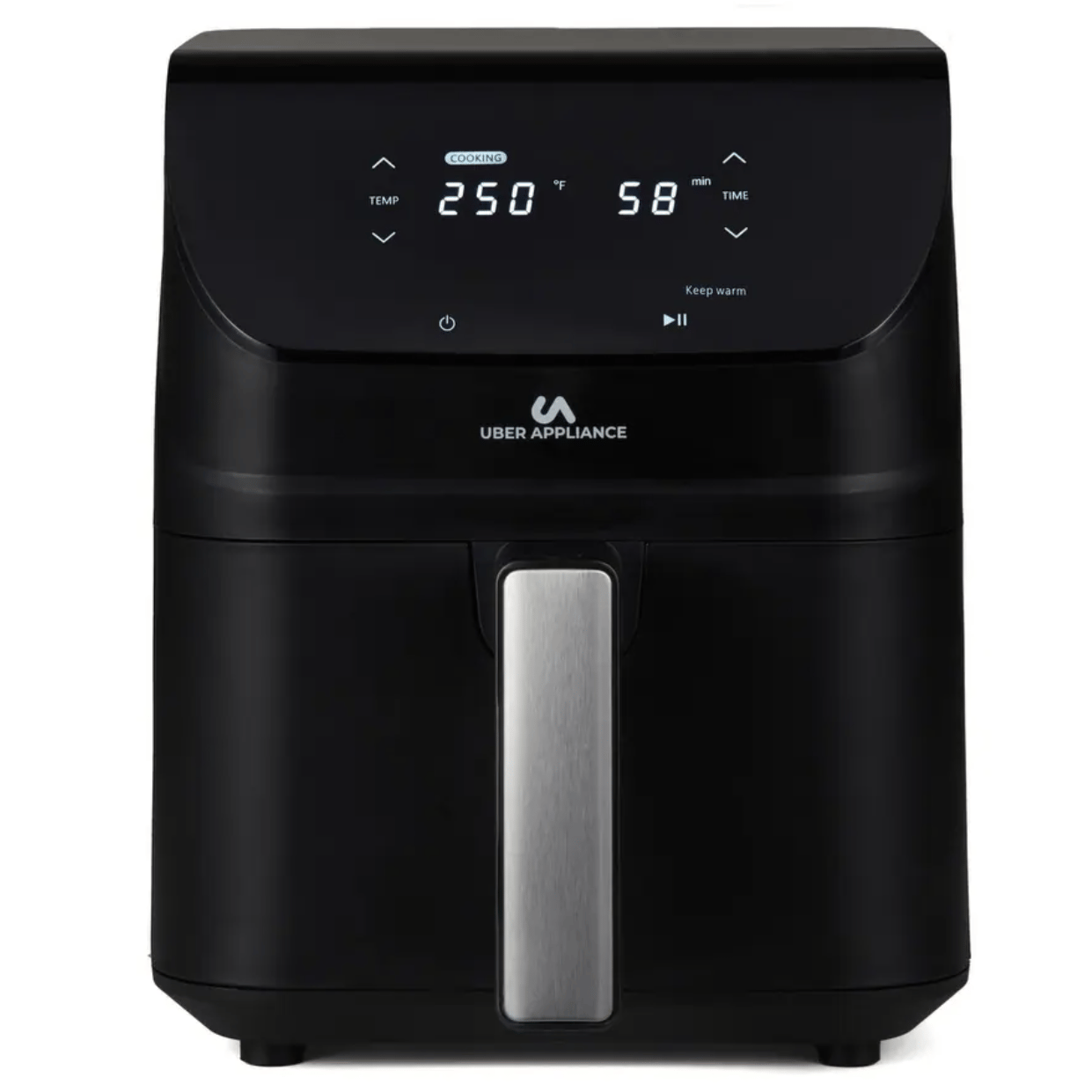 Black Uber Appliance air fryer with a digital display showing 250°F for 58 minutes, featuring temperature and time controls.
