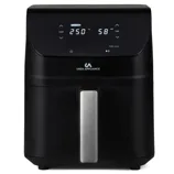 Black Uber Appliance air fryer with a digital display showing 250°F for 58 minutes, featuring temperature and time controls.