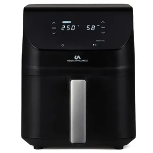 Black Uber Appliance air fryer with a digital display showing 250°F for 58 minutes, featuring temperature and time controls.
