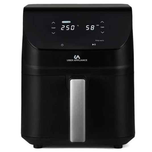 Black Uber Appliance air fryer with a digital display showing 250°F for 58 minutes, featuring temperature and time controls.