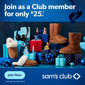 Assortment of items including footwear, headphones, toys, and gift boxes with a promotional offer from Sam's Club.