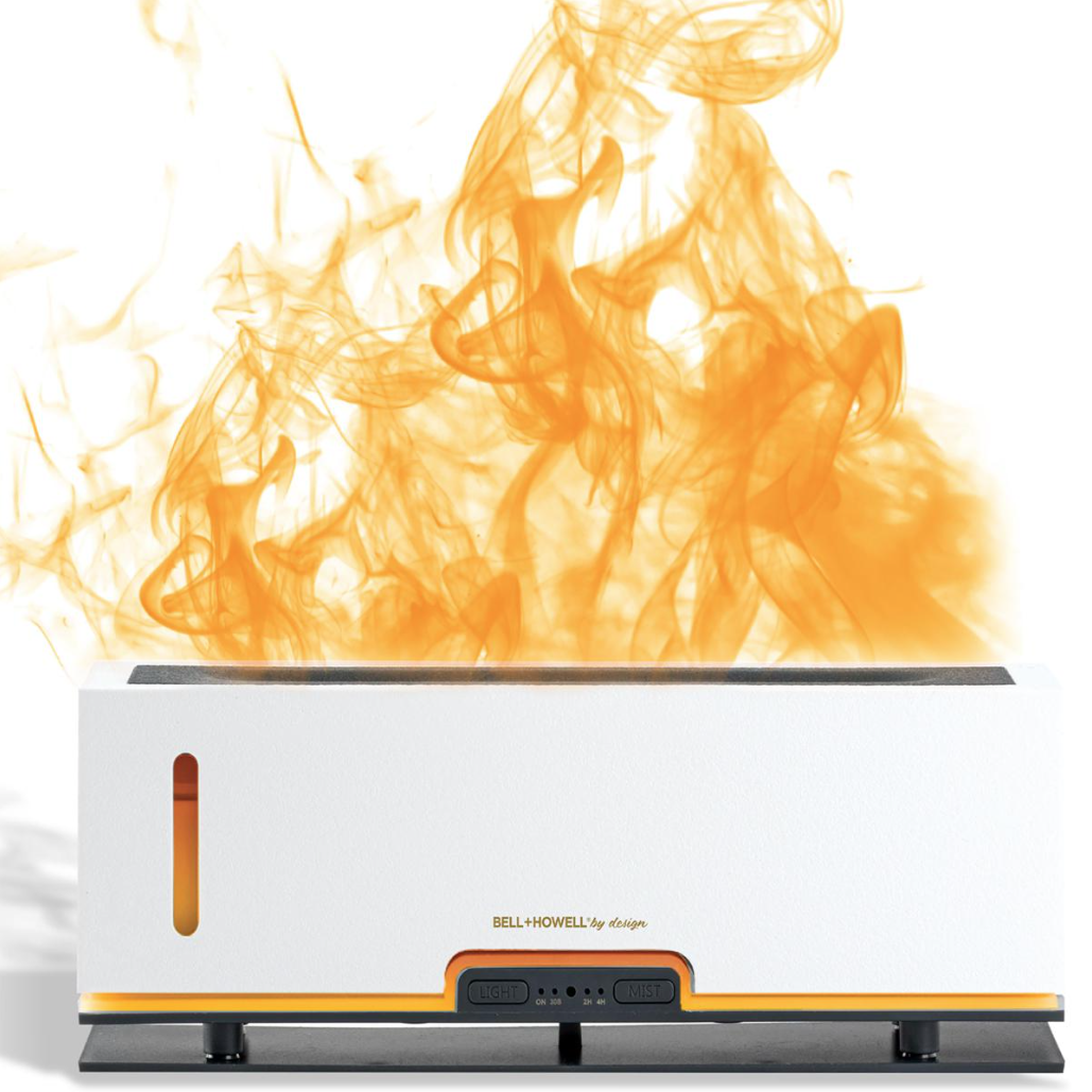 White rectangular device emitting swirling orange mist, labelled \“Bell+Howell.\“ Includes light and mist control buttons.