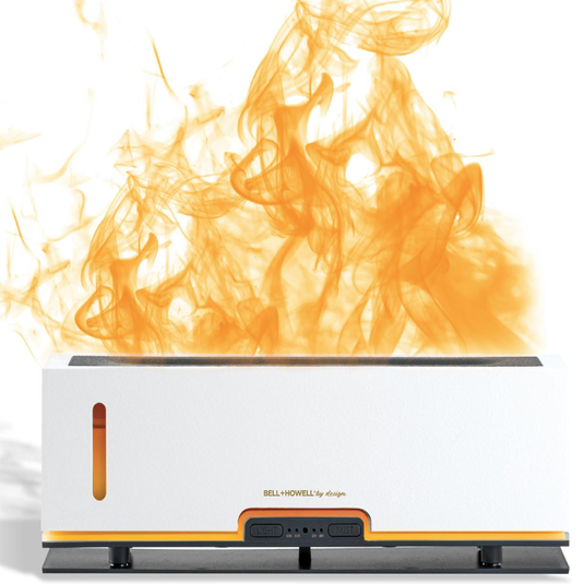 White rectangular device emitting swirling orange mist, labelled \“Bell+Howell.\“ Includes light and mist control buttons.