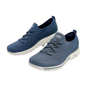 Blue Skechers GOwalk Slip-On Sneakers feature a knit fabric upper, slip-on design, cushioned white sole, and lace accents, providing comfort and a casual style.