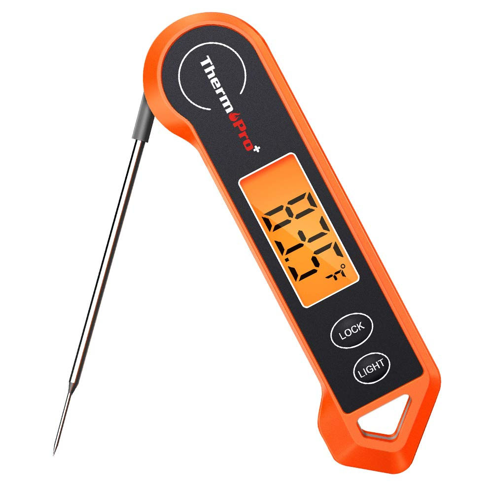 ThermoPro waterproof meat thermometer with an orange and black design features a foldable probe, digital display, and buttons for locking and light.