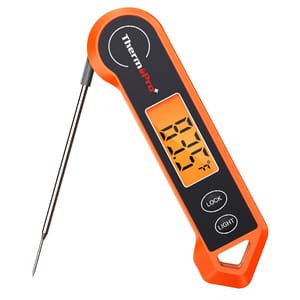ThermoPro waterproof meat thermometer with an orange and black design features a foldable probe, digital display, and buttons for locking and light.