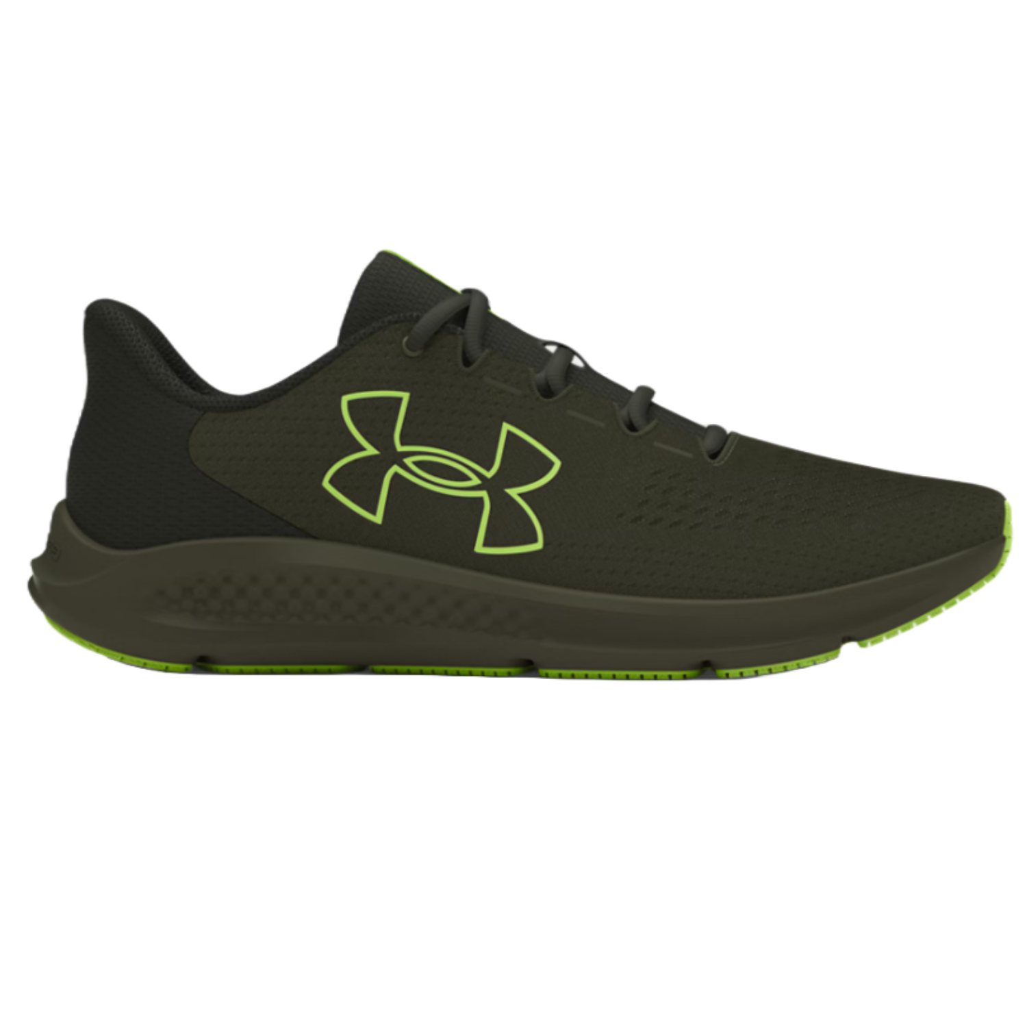 UA Charged Pursuit 3 Running Shoes feature a sleek black design with a neon green logo and accents. They have a cushioned midsole for comfort and a breathable upper for ventilation.