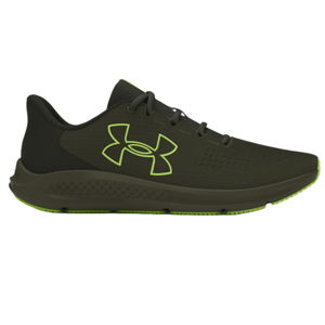 UA Charged Pursuit 3 Running Shoes feature a sleek black design with a neon green logo and accents. They have a cushioned midsole for comfort and a breathable upper for ventilation.