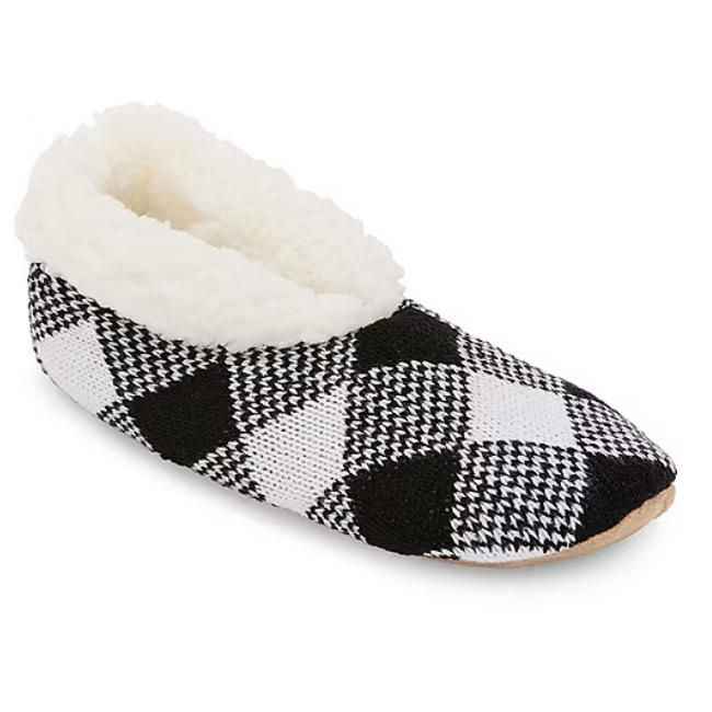 A slipper sock with a black and white checkered pattern and a soft, plush lining, designed for cozy indoor wear.
