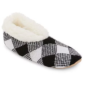 A slipper sock with a black and white checkered pattern and a soft, plush lining, designed for cozy indoor wear.