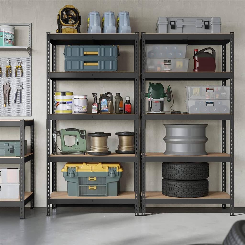 A garage shelf holds various tools and supplies, including a yellow and gray toolbox, a fan, power tools, containers, bottles of oil and chemicals, spools of wire, and stacked tires.