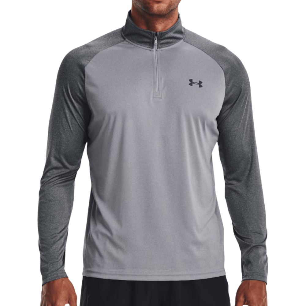 A gray and black long-sleeve athletic shirt with a quarter-zip and the Under Armour logo on the chest.