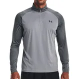 A gray and black long-sleeve athletic shirt with a quarter-zip and the Under Armour logo on the chest.