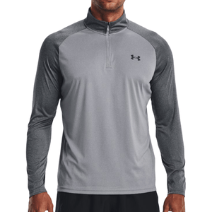 A gray and black long-sleeve athletic shirt with a quarter-zip and the Under Armour logo on the chest.