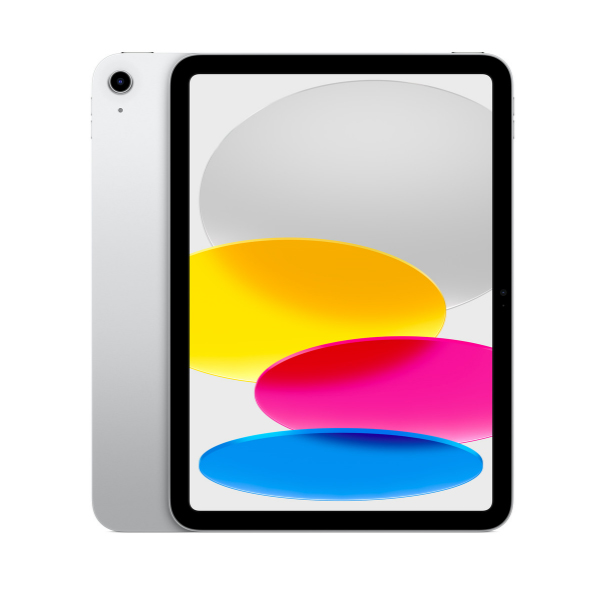 Apple 10.9\“ iPad with 256GB storage in silver, featuring a large display with colorful abstract design and a single rear camera.