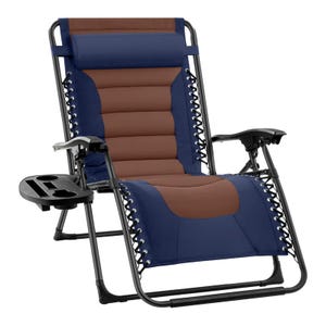 A reclining outdoor lounge chair with a blue and brown cushioned seat, featuring a built-in headrest and a detachable side tray with slots for cups and small items.