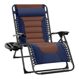 A reclining outdoor lounge chair with a blue and brown cushioned seat, featuring a built-in headrest and a detachable side tray with slots for cups and small items.