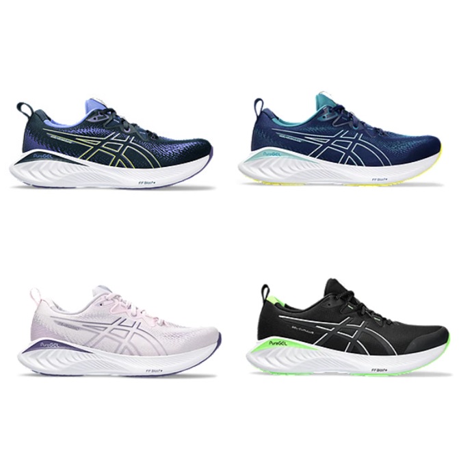 Four pairs of Asics running shoes in different color variants: navy with yellow accents, teal with white sole, white with purple details, and black with green highlights.