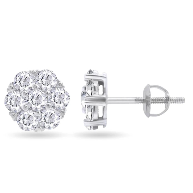 Silver crystal earrings featuring a cluster design with multiple round sparkling stones set in silver, complemented by a secure screw-back closure.
