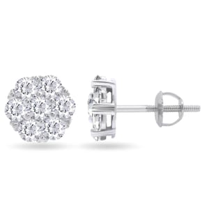 Silver crystal earrings featuring a cluster design with multiple round sparkling stones set in silver, complemented by a secure screw-back closure.