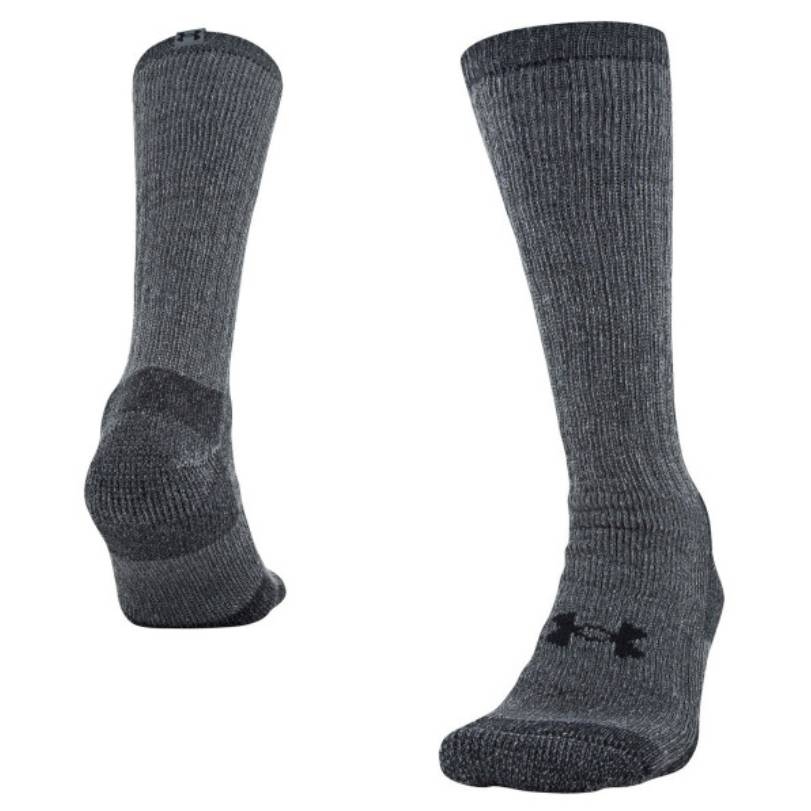 Two gray Under Armour ColdGear socks are displayed, showcasing ribbed texture with reinforced heel and toe areas, and the brand's logo near the calf.