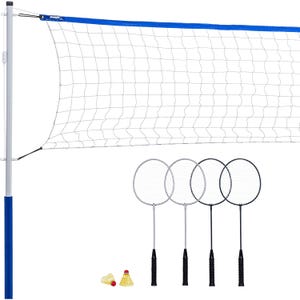 A badminton set featuring a net with blue trim, four rackets (two black, two silver), and two yellow shuttlecocks with red tips.