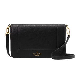 A black leather crossbody bag with a flap closure, featuring gold hardware and the Kate Spade New York logo on the front.