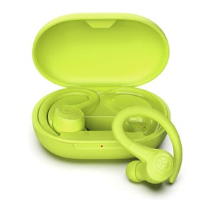 Bright green wireless earbuds with ear hooks, featuring a matching charging case with a visible logo on the earbuds.