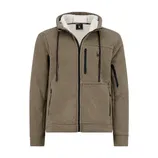 Hooded jacket with front zipper, drawstrings, and multiple zippered pockets, featuring a ribbed texture and sherpa lining.