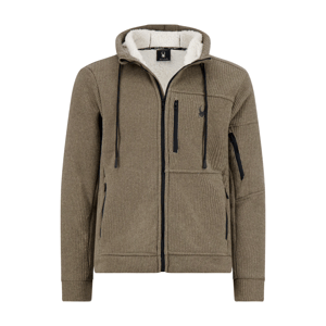 Hooded jacket with front zipper, drawstrings, and multiple zippered pockets, featuring a ribbed texture and sherpa lining.