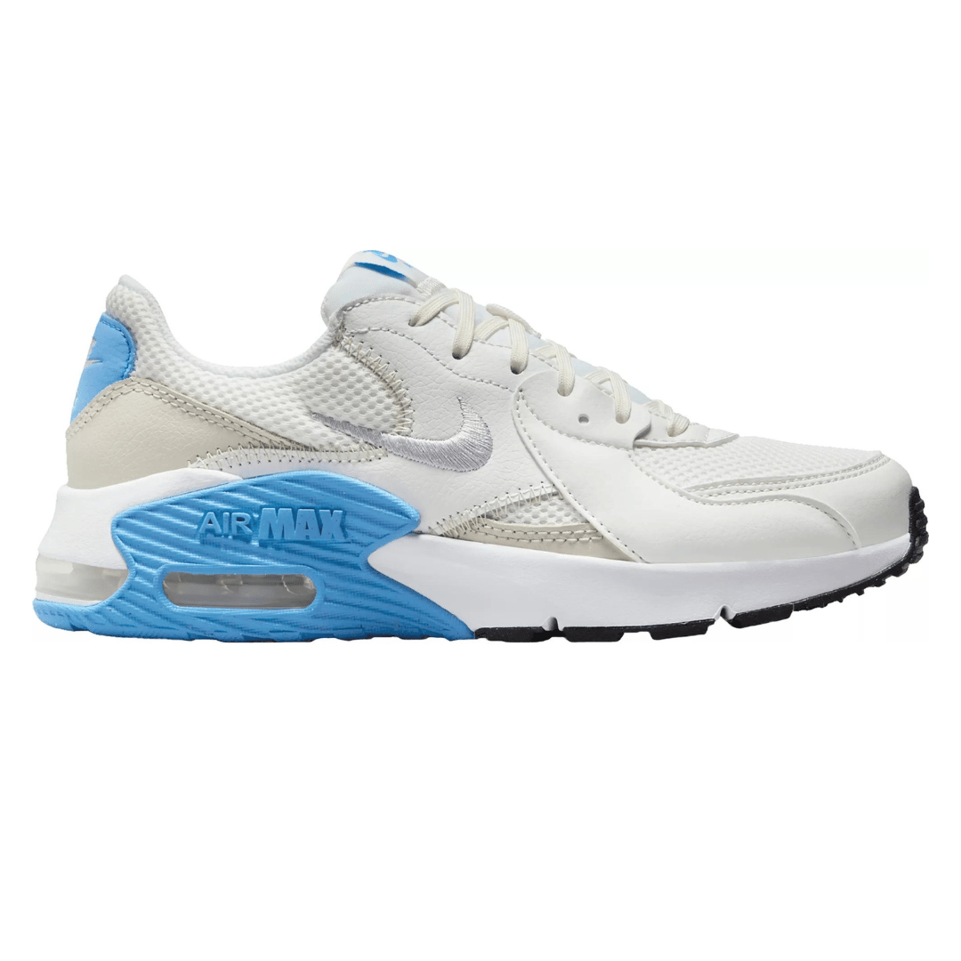 A pair of white and blue Nike Air Max athletic shoes with a visible air cushion in the heel.