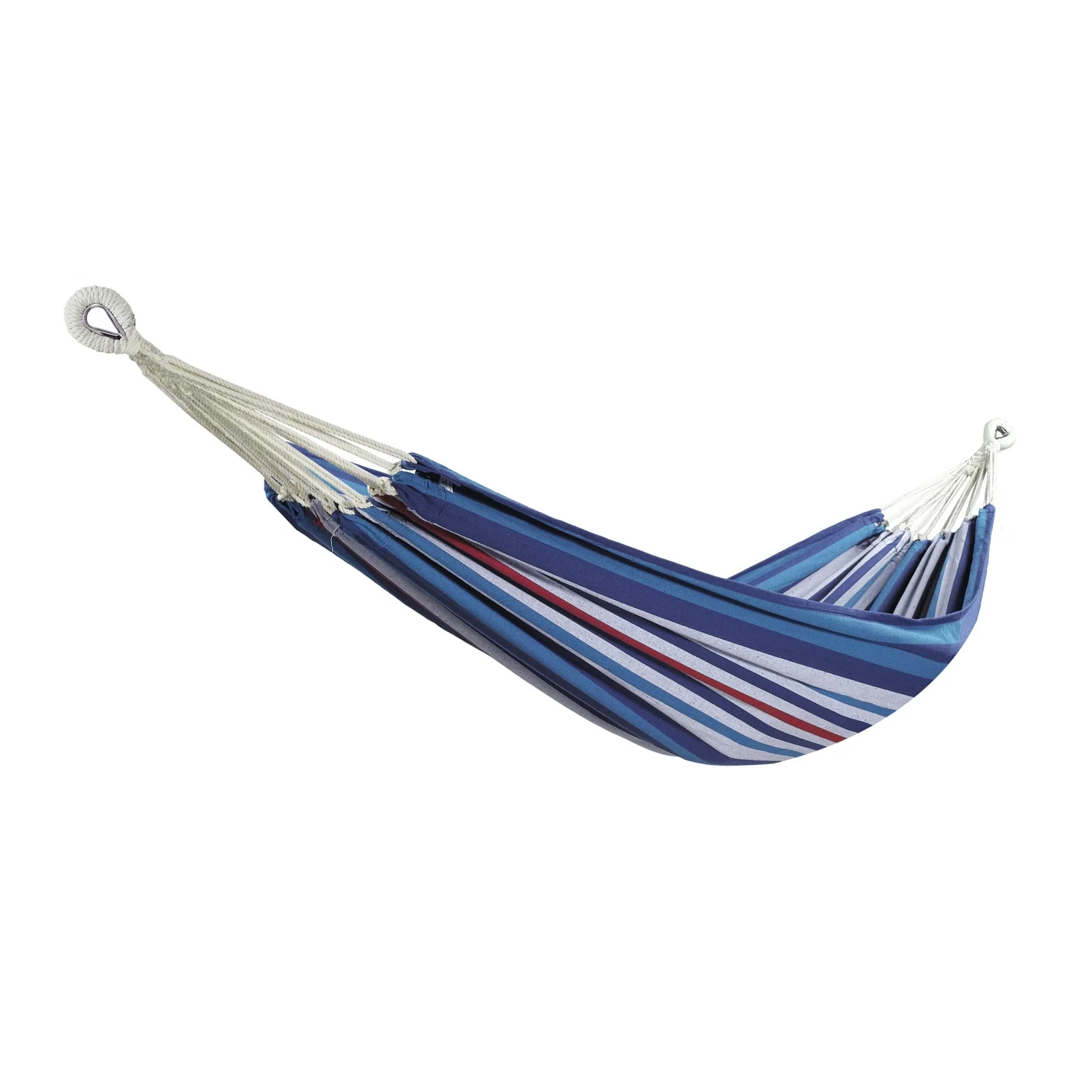 40\“ wide Bliss hammock with blue, white, and red stripes, featuring durable rope attachments and a compact design.