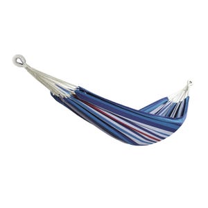 40\“ wide Bliss hammock with blue, white, and red stripes, featuring durable rope attachments and a compact design.